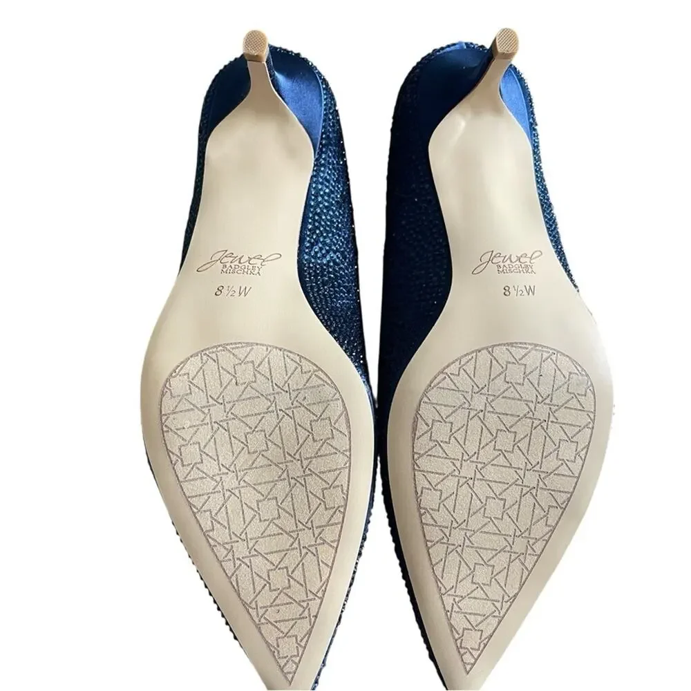 Badgley Mischka NEW Pointed Toe Kitten Heels, French Navy Crystals, 8.5